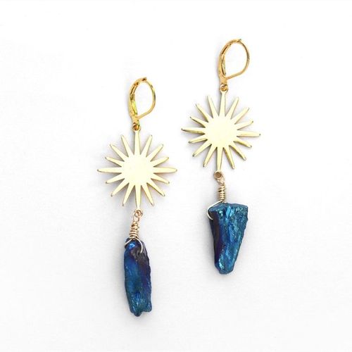 Boucles D'oreilles Soleil Couleur Or, Pendentif En Cristal De Quartz Bleu Irrgulier Naturel, Boucles D'oreilles En Cristal Boho, Nouvelle Mode