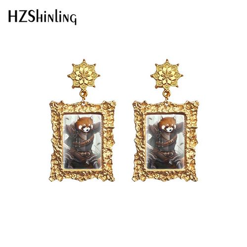Boucles D'oreilles Style Rtro, Goutte D'eau, Panda Rouge, Motifs De Peintures D'animaux, Cabochon En Verre, Bijoux Artisanaux Faits  La Main