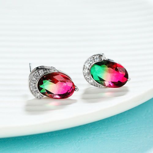 Boucles D'oreilles Tourmaline Ovale + Boucles D'oreilles En Diamant Blanc Semi - Circulaire Boucles D'oreilles De Style Fminin