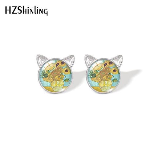 Boucles D'oreilles Van Gogh De Nuit toile Pour Femmes, Cabochon En Verre, Style Oreille De Chat, Bijoux  La Mode