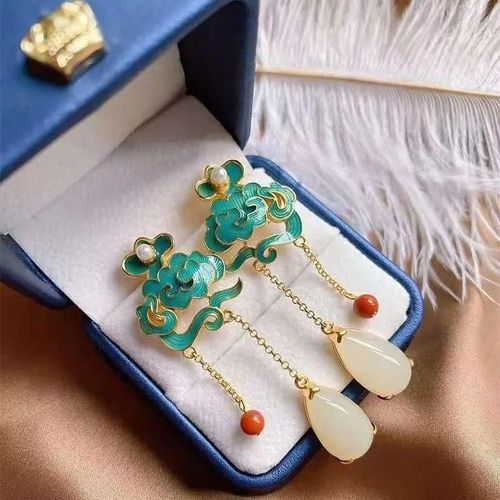 Boucles D'oreilles Vent Ancien Et Tian Yu, Longs Vtements Han, Classiques, Style Cour Nationale, Vent Brlant, Bleu, Jade, Temprament