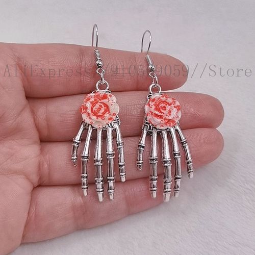 Boucles D'oreilles Vintage En Forme De Tte De Mort, Motif Main Rose, En Rsine, Motif Squelette, Pendentif, Design Unique
