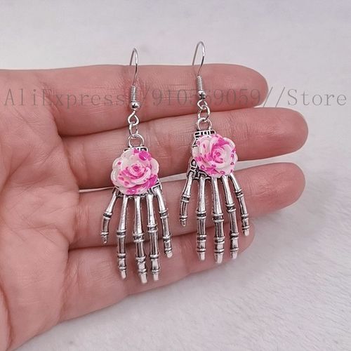 Boucles D'oreilles Vintage En Forme De Tte De Mort, Motif Main Rose, En Rsine, Motif Squelette, Pendentif, Design Unique