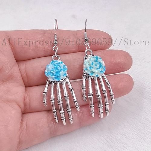 Boucles D'oreilles Vintage En Forme De Tte De Mort, Motif Main Rose, En Rsine, Motif Squelette, Pendentif, Design Unique