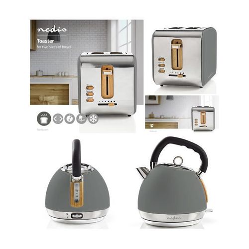 BOUILLOIRE Design Soft touch 1L8 2200W GRIS + GRILL PAIN 900W Soft Touch 2 Emplacements Thermostat regulable 6 Fonctions GRIS