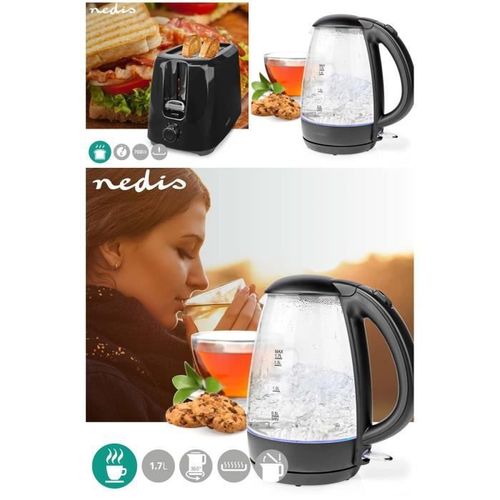 Bouilloire Noire en Verre 1,7L Sans Fil 360 2200W Arre?t automatique + Grille-pain Inox 2 Fentes 700W 3 fonctions avec tmoins LED