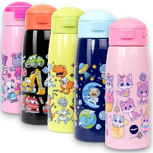 Bouteille D'eau Pour Enfants Avec Paille 350 Ml En Acier Inoxydable, Double Paroi Isole, 100% tanche Et Verrouillable, Poigne De Transport, Contrle De La Temprature 12 Heures, Motif Cha