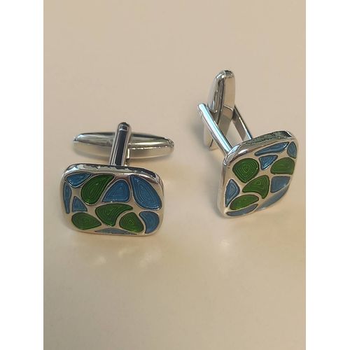 Boutons De Manchettes En Forme De Rectangle  Sommets Arrondi Avec Motifs De Couleurs Bleu Argent Et Vert Pour Du Style ...