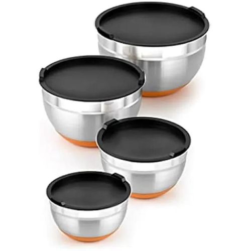Bra Efficient - Lot De 4 Bols En Acier Inoxydable 18/10 12-16-20-24 Cm 0,4 L, Base En Silicone, Couvercles Inclus