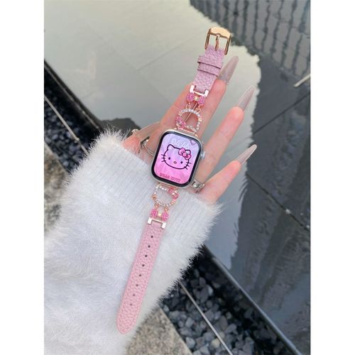 Bracelet Apple Watch En Cuir Kitty Litchi Adapt  L'iwatch 10 Hello Kitty Apple Watch 987 Mignon-Sakura Pink - Nouveau S10 46 Mm