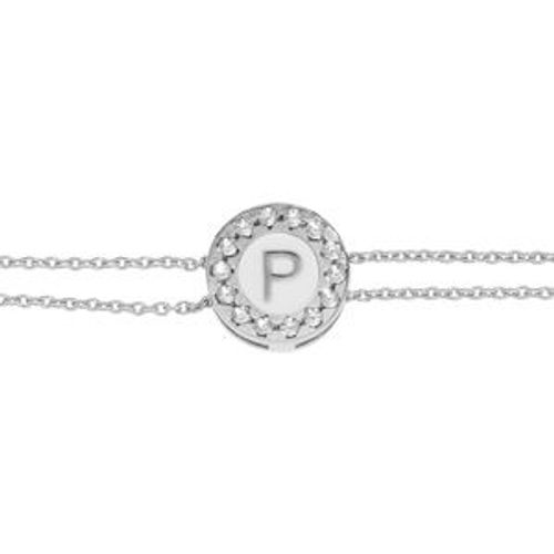 Bracelet Argent Rhodi Double Chane Rond Initiale P Recto Verso 1 Face Rsine Blanche Et L'autre Noire Avec Contour Oxydes Blancs Sertis 16+3cm
