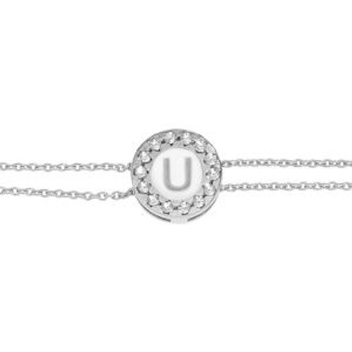 Bracelet Argent Rhodi Double Chane Rond Initiale U Recto Verso 1 Face Rsine Blanche Et L'autre Noire Avec Contour Oxydes Blancs Sertis 16+3cm