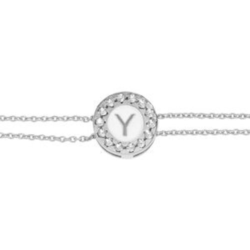 Bracelet Argent Rhodi Double Chane Rond Initiale Y Recto Verso 1 Face Rsine Blanche Et L'autre Noire Avec Contour Oxydes Blancs Sertis 16+3cm