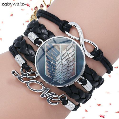 Bracelet Attaque Sur Titan Levi Ackerman, Cabochon En Verre, Multicouche En Cuir Noir Pour Femmes, Fait  La Main