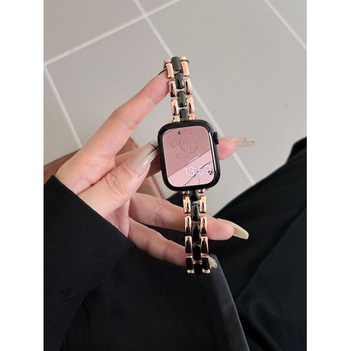 Bracelet Camellia Coco Classique En Mtal Pour Apple Watch 1  7 Gnrations 543iwatch Apple Watch S8-[Bracelet Simple] Or Rose Et Noir - 38 Mm/40 Mm/41 Mm