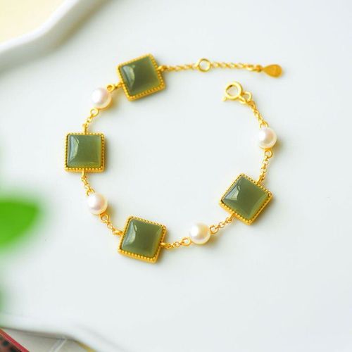 Bracelet Carr En Jade Gris Naturel Hetian, Argent Sterling S925, Style Ancien, Or pais Incrust De Perles D'eau Douce