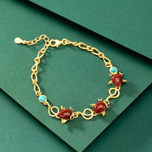 Bracelet De Desse Dore En Argent Sterling S925, Rouge, Agate, Vert Du Sud, Avec Petit Poisson Rouge Rtro Cratif, Pour Femmes
