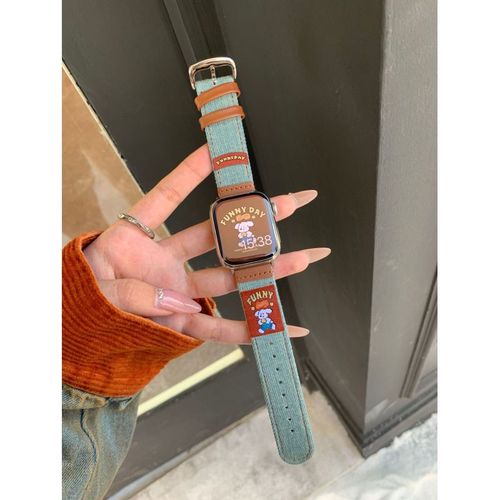 Bracelet De Montre En Cuir Denim Rtro Amricain Transfrontalier Neuf Adapt  La Gnration Iwatch9 Apple S10 786543 Se-Biscuit Puppy, Ancienne Couleur, Nouveau Modle S10, 46 Mm