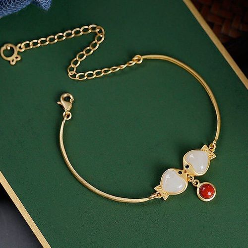 Bracelet Double Poisson En Jade Naturel Hetian, En Argent Sterling S925, En Agate Rouge Du Sud, En Or Jade