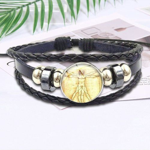 Bracelet En Cuir Noir Avec Cabochon En Verre, Bijoux Faits  La Main Pour Femmes Et Filles, Leonardo Da Vinci The Vitruvian Man