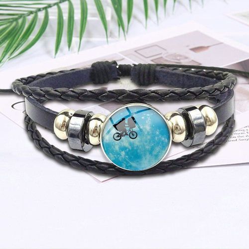 Bracelet En Cuir Noir Avec Cabochon En Verre, Bijoux Punk Elliptt Et E T Devant La Lune, Cadeau Pour Filles