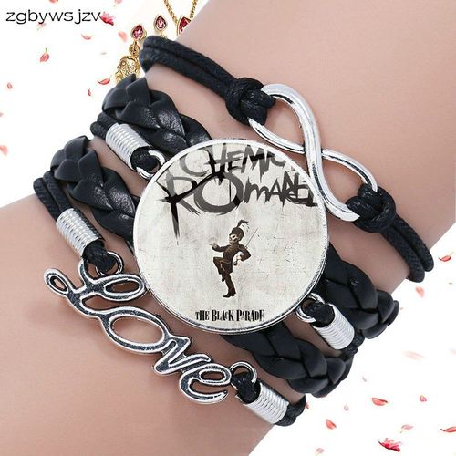 Bracelet En Cuir Noir, Cabochon En Verre, Multicouche, Fait  La Main, Maxi, Pour Filles, Meilleur Cadeau, Mon Groupe De Rock, Romance Chimique
