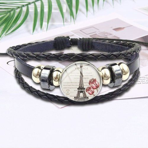 Bracelet En Cuir Noir Et Cristal Pour Femmes Et Filles, Bijoux Faits  La Main Avec Dme En Verre, Tour Eiffel