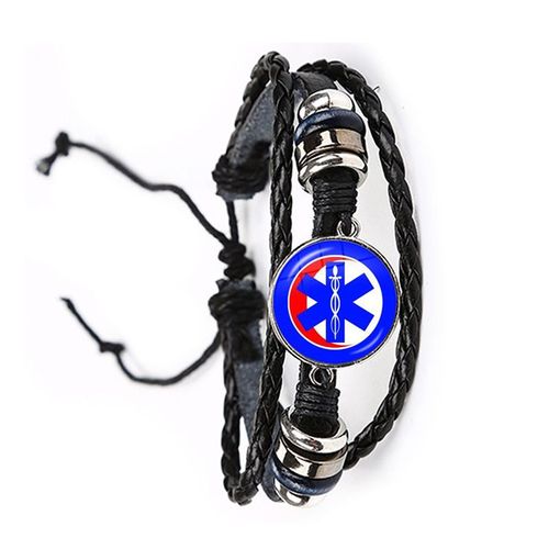 Bracelet En Cuir Noir/Marron Avec Symbole De Technicien Mdical D'urgence, Avec Dme En Verre, Signe Emt toile De Vie Bleue