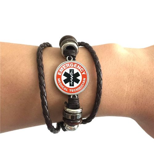 Bracelet En Cuir Noir/Marron Avec Symbole De Technicien Mdical D'urgence, Avec Dme En Verre, Signe Emt toile De Vie Bleue