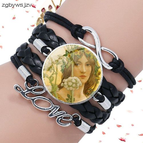 Bracelet En Cuir Noir Multicouche En Verre Fait  La Main, Peinture De Fe De Fleur, Dclaration D'art, Joli Bijou Cadeau Pour Filles