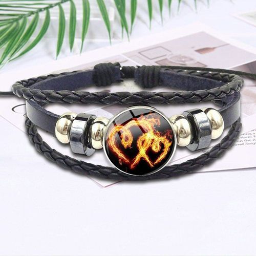 Bracelet En Cuir Noir Pour Femmes, Pierre De Verre, Surface En Cuir Noir, Bijoux De Dclaration, Flammes De CUr Ardillon