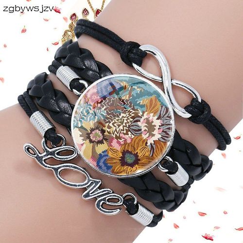 Bracelet En Cuir Noir Pour Femmes, Pierre De Verre, Surface Multicouche, Bijoux De Dclaration, Fleur Multicolore