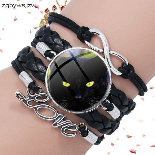 Bracelet En Cuir Noir Pour Fille, Bijoux Vintage, Motif Animal Mignon, Chat Noir, Mode Verre, Multicouche, Fait  La Main
