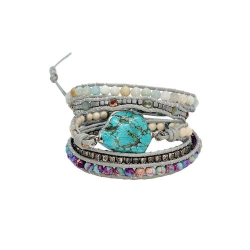 Bracelet En Cuir Turquoise Mixte Pour Femmes, Nouveau, Unique, 5 Brins Enroul, Fait  La Main, Style Boho
