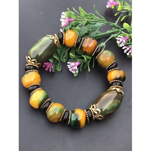 Bracelet En Jade Sculpt  La Main Pour Femmes, Pierres Prcieuses, Vert, Jaune, Naturel