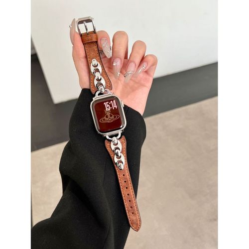Bracelet Iwatch De Haute Qualit, Style Ancien, En Cuir Vritable, Compatible Avec Apple Watch S10/S9/Se, Applewatch876-Boucle En Mtal Argent Marron En Forme De D (1/2/3 Gnration 42 Mm)/44/45/49