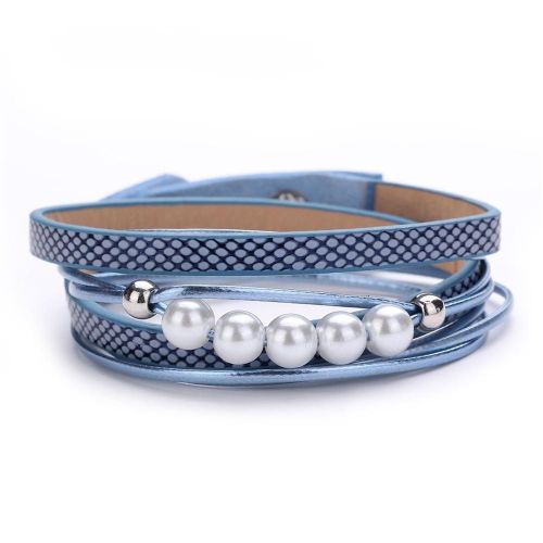 Bracelet Jonc Multicouche En Cuir Synthetique Avec Perles Synthetiques (Bleu)