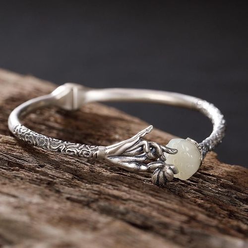 Bracelet Lotus En Calcdoine Hetian Naturelle Incruste D'argent, Style Chinois Rtro Guanyin, Orchide  La Main, Bijoux Ajustables Pour Femmes