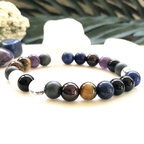 Bracelet Mixte En Pierres Prcieuses, En Tourmaline, Lapis Lazuli, Noir Mat, Cristal Perl Fait  La Main