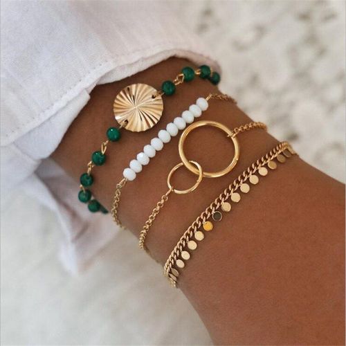 Bracelet Perl Fait  La Main Blanc Et Vert 4 Pices/Ensemble, Pompon Ondul, Texture,  La Mode, Bijoux De Fte Pour Femmes