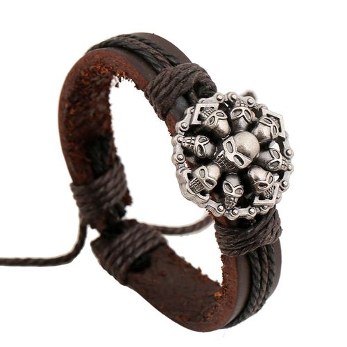 Bracelet Unisexe Elegant Fait Main En Alliage De Cuir De Vache Avec Pendentif Tete De Mort, Style Retro, Ajustable, Accessoire De Bijouterie