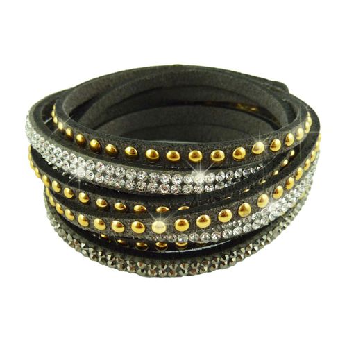 Bracelet Wrap Slake Cascade  Strass Brillant Cristal  En Cuir Daim Noir Dor