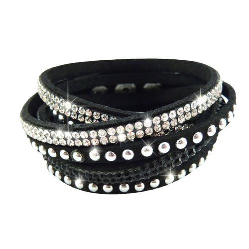 Bracelet Wrap Slake Cascade  Strass Brillant Cristal  En Cuir Daim Noir Zyrconium