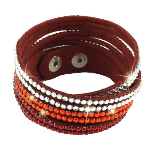 Bracelet Wrap Slake Cascade  Strass Brillant Cristal  En Cuir Daim Rouge Bordeaux