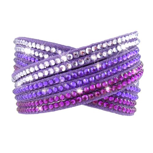 Bracelet Wrap Slake Cascade  Strass Brillant Cristal  En Cuir Daim Violet