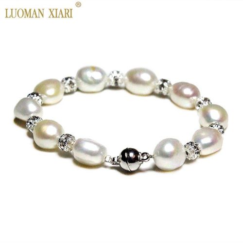 Bracelets En Perles D'eau Douce Pour Femmes, 100% Naturel, Blanc, Avec Boule De Zircon, Aimant Argent, Bijoux Cadeau, 18.5 19cm, Vente En Gros