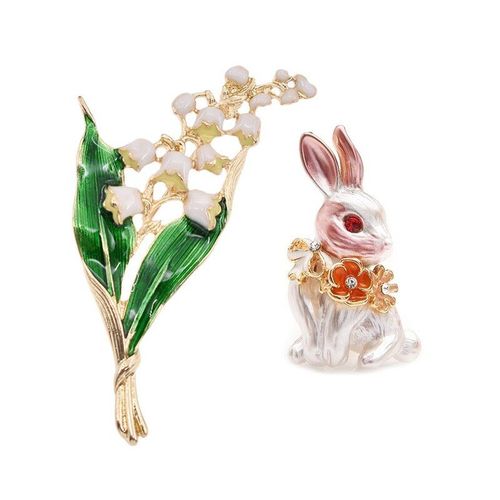 Broche En Alliage mail Pour Femmes, Broche En Forme De Lys De La Valle, Dore,  Fleurs Blanches Et Lapin Rose, 2 Pices