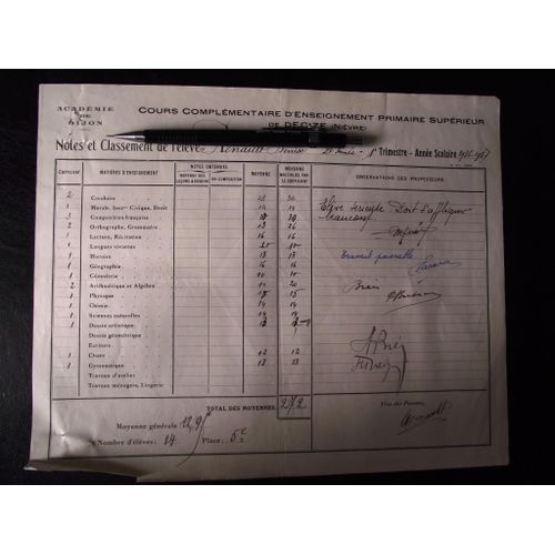 Bu/6.Acadmie De Dijon Cours Complmentaires D'enseignement Primaire Suprieur De Decize (Nivre) Notes Et Classement De L'lve 1er 2e Trimestre Anne 1936/37