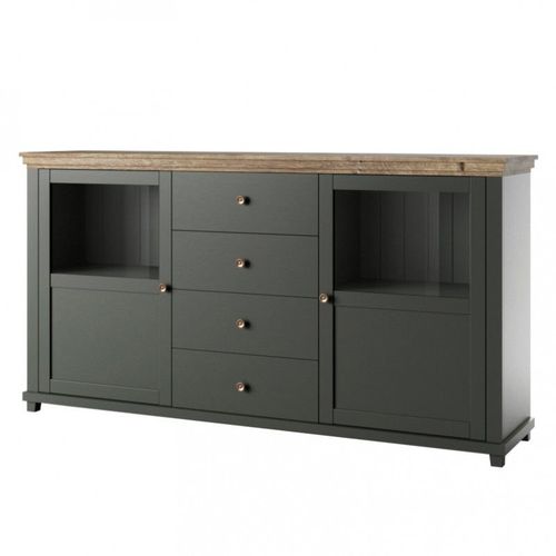 Buffet 180cm Collection Assia. Coloris Vert Et Chne. 2 Portes Et 4 Tiroirs