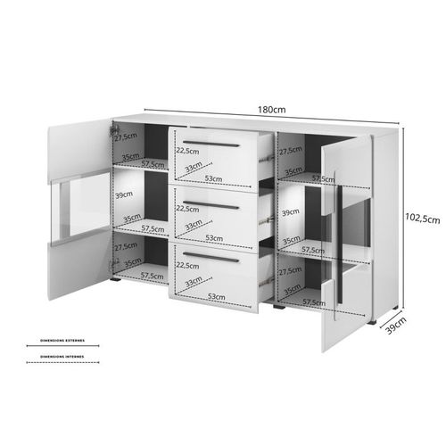 Buffet 180cm Collection Breda Deux Portes Partiellement Vitres Et Trois Tiroirs. Coloris Blanc.